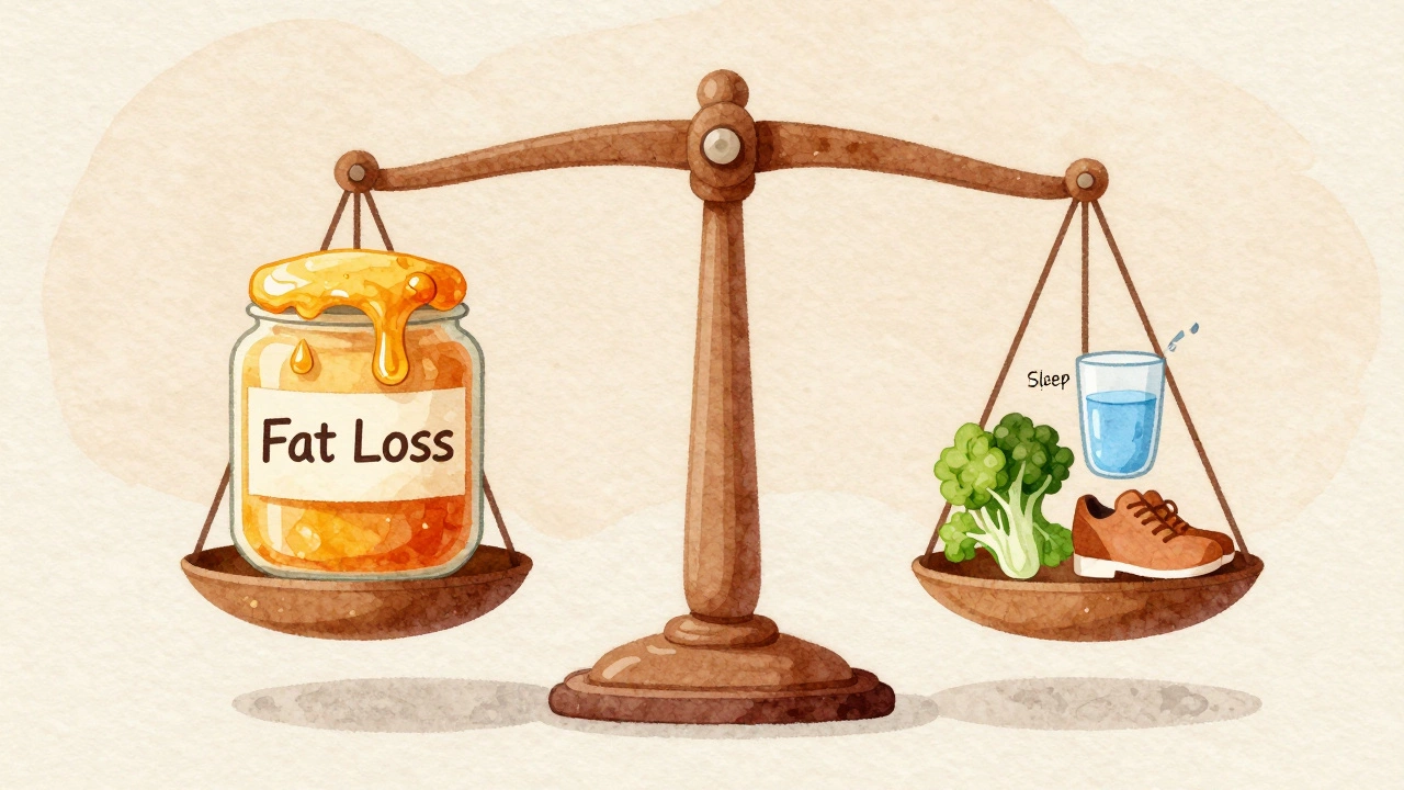 A balanced scale with symbols of healthy habits on one side and fat loss on the other.