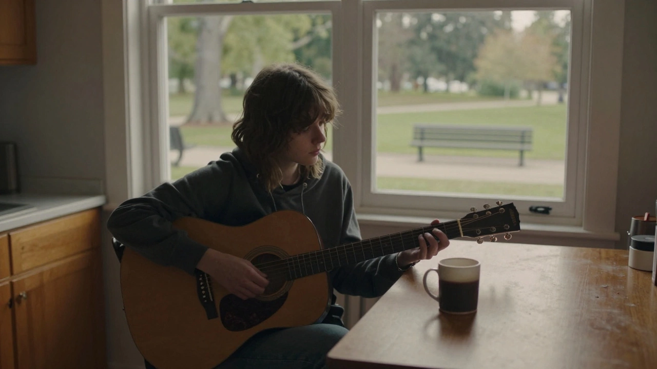 A person sitting alone at a kitchen table, ignoring a dusty guitar and cold coffee.