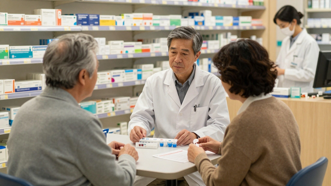 A pharmacist consults with an elderly patient during a medication review session at Walgreens.