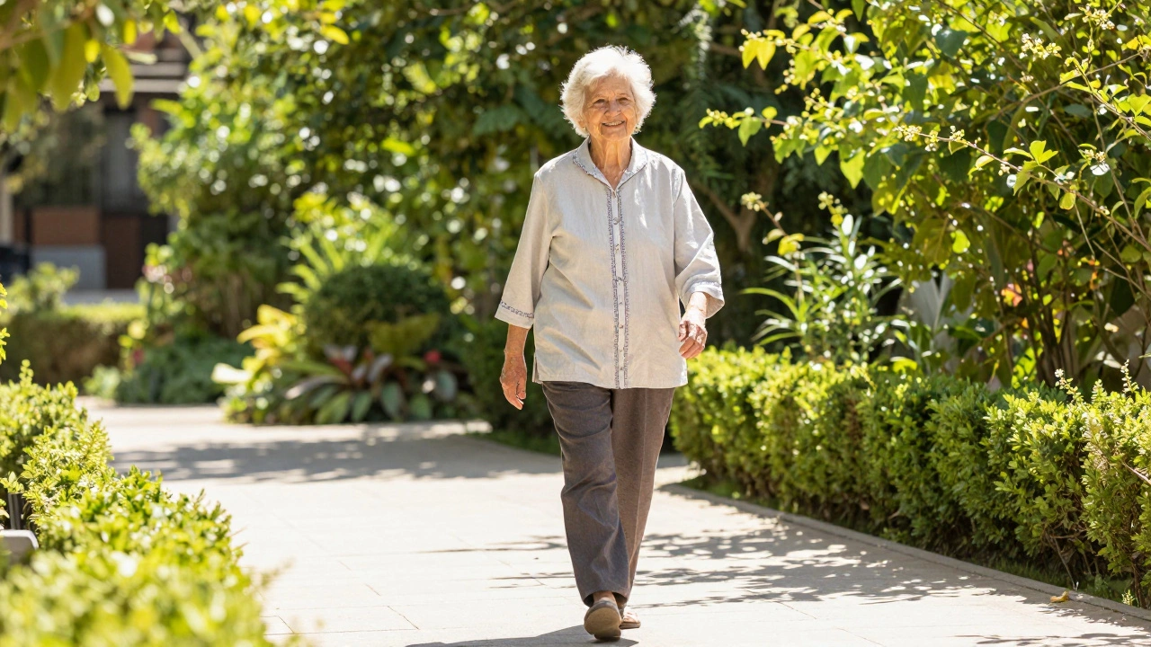 Active elderly woman walking confidently in a sunny park.