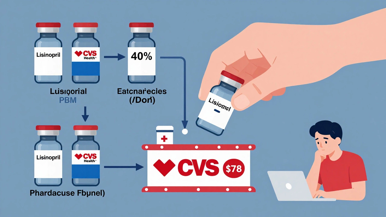 Corporate drug supply chain showing rebates flowing to CVS Health PBM while patient pays full price.