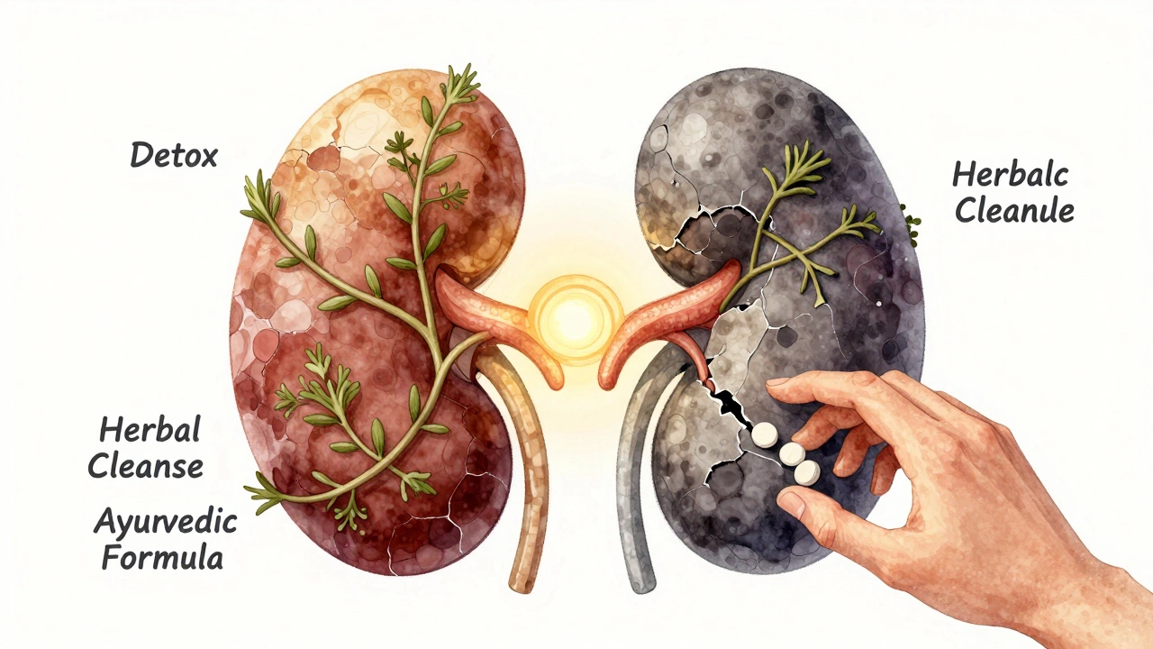 Cracked kidney with harmful herbs wrapping around it, one healthy nephron glowing in center.