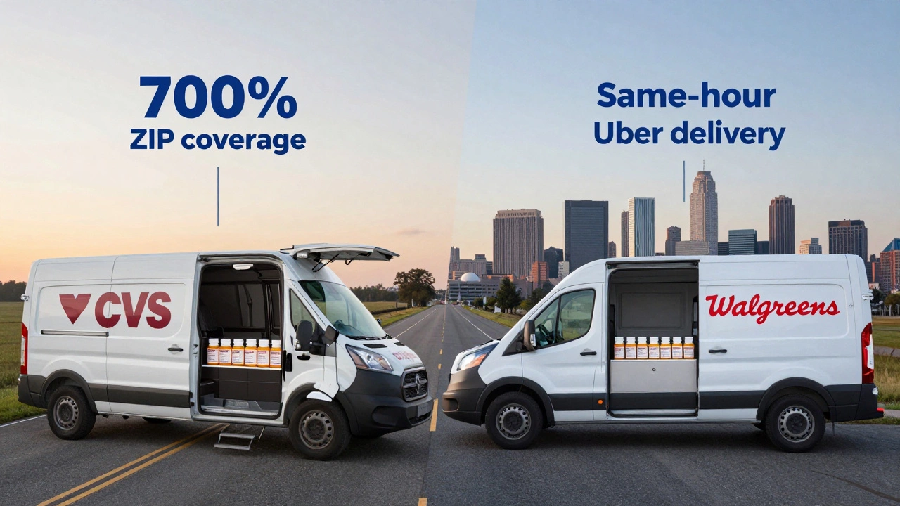 CVS and Walgreens delivery vans side by side, representing different coverage areas and delivery speeds.