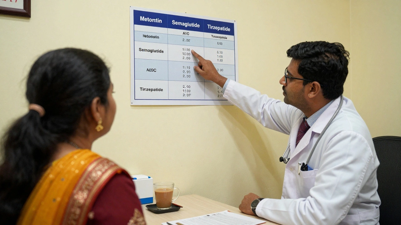 Doctor explaining diabetes treatment options to a patient in a clinic in Bangalore.