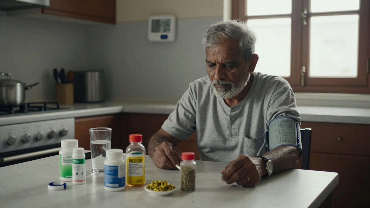 Elderly man surrounded by supplement bottles and an empty glass of water at home.