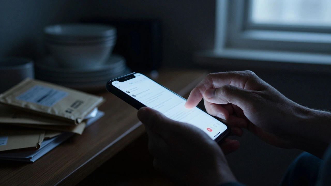 Hands scrolling on a phone in a cluttered room, lit by blue screen glow, surrounded by neglect.