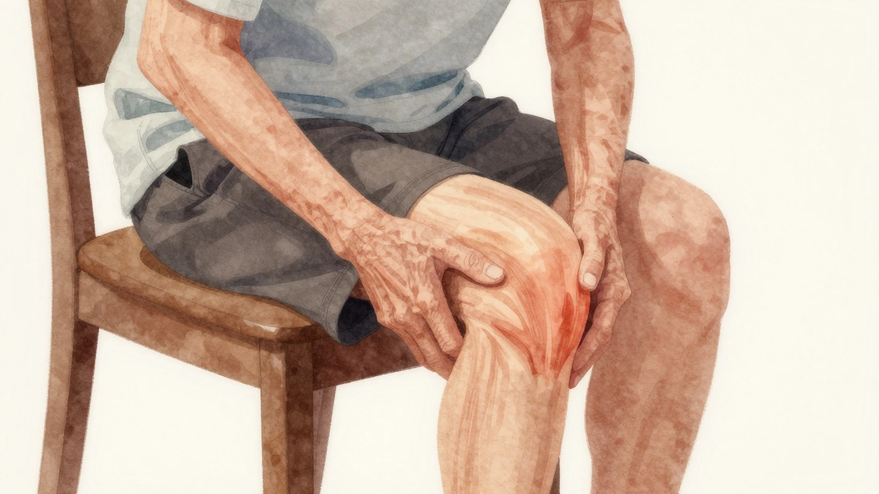 Senior person struggling to stand up from a chair due to weakness.