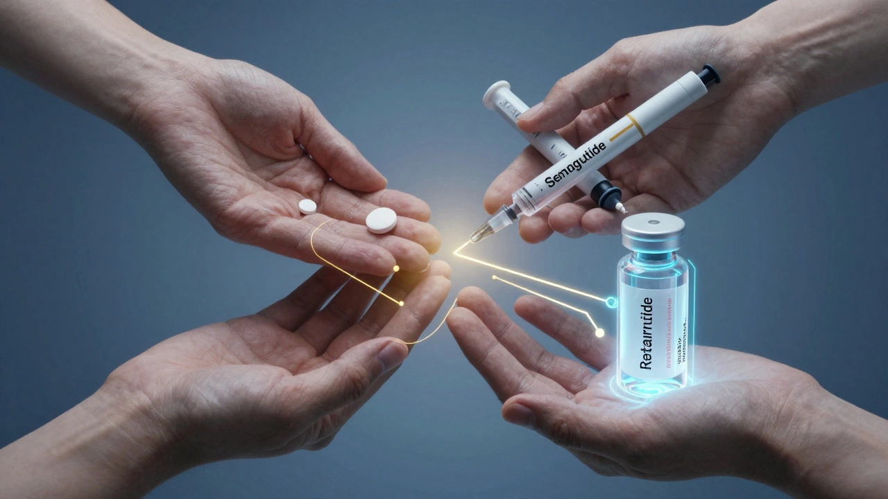 Symbolic representation of diabetes drug evolution from metformin to next-generation therapies.