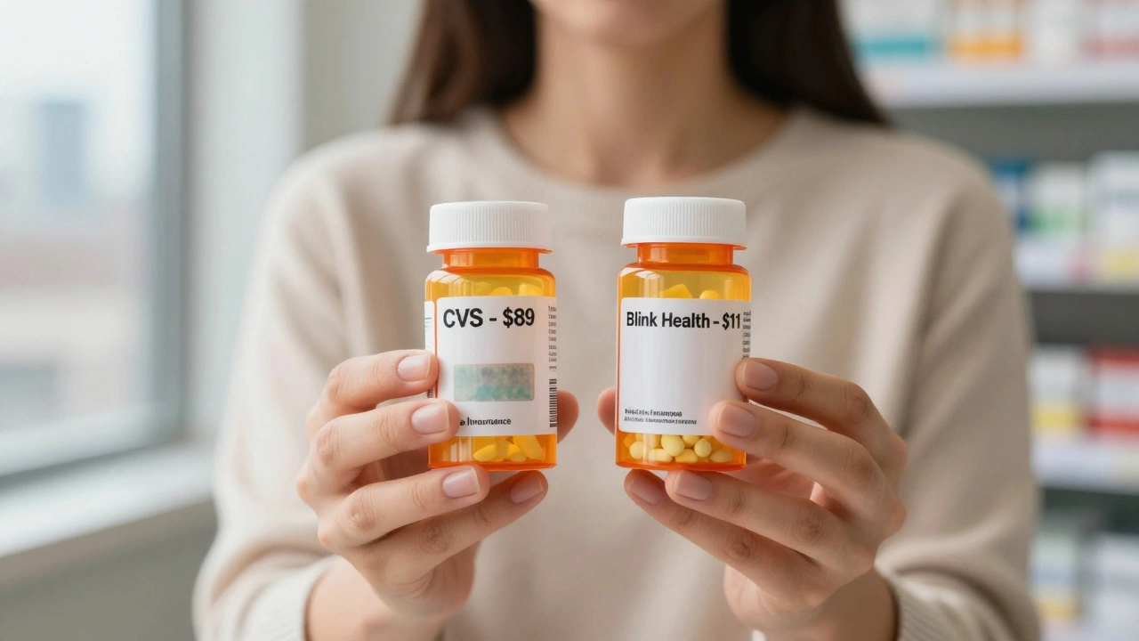 Woman comparing two pill bottles: one from CVS at , another from online pharmacy at .