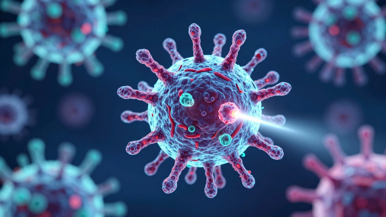 3D illustration of immunotherapy proteins attacking a cancer cell with targeted light.