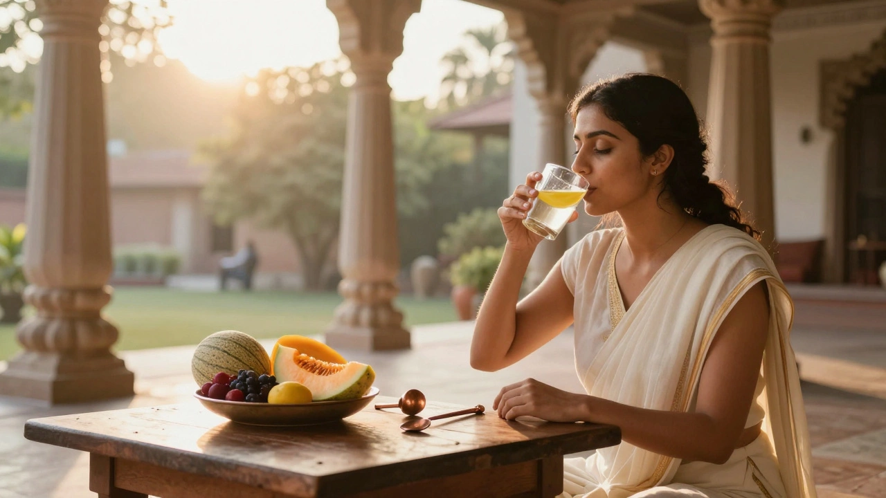 A person practicing a peaceful morning Ayurvedic routine in a sunny courtyard.