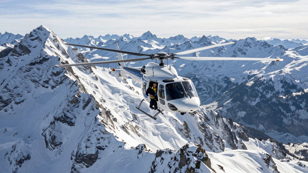 A rescue helicopter performing a medical evacuation in the snowy Swiss Alps.
