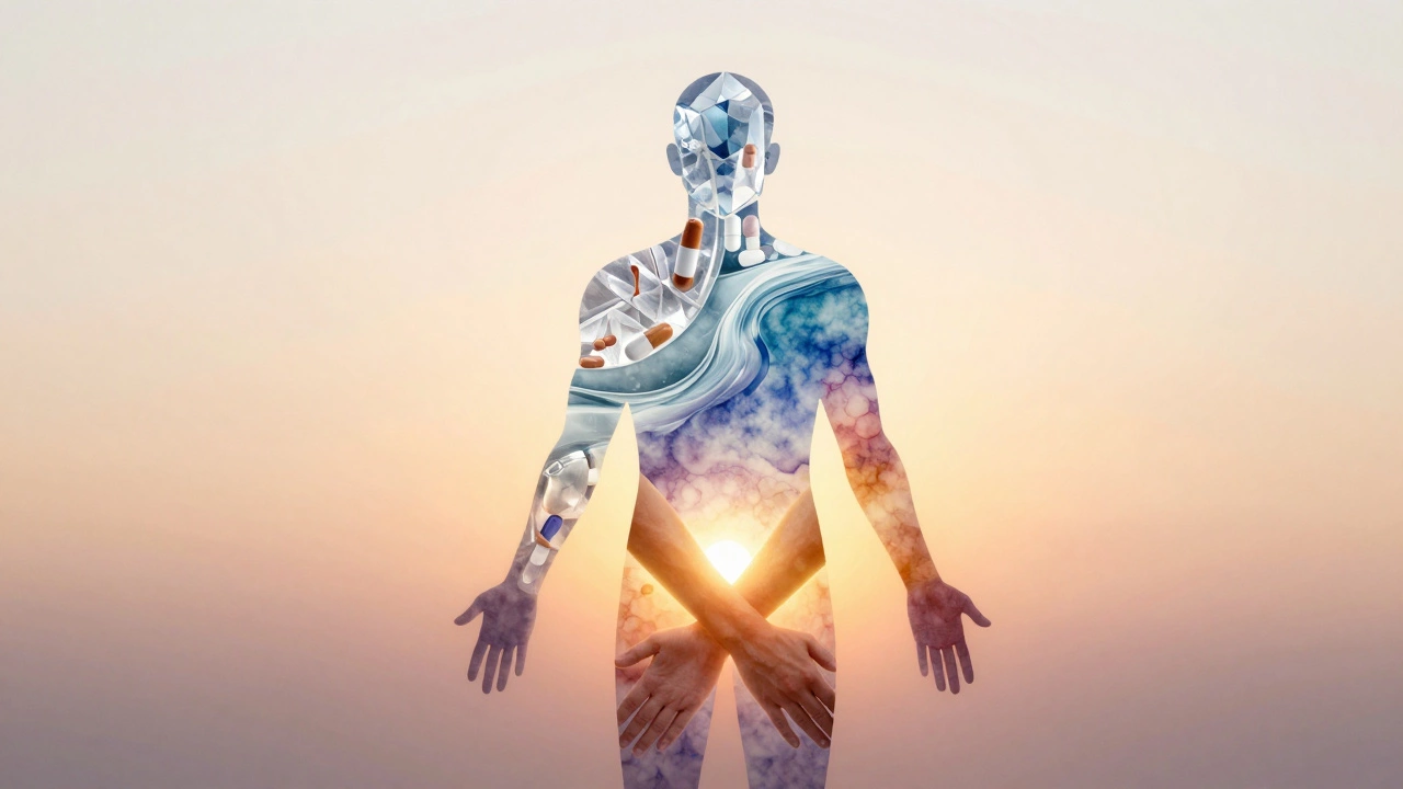 A silhouette of a person formed by crystals, watercolors, and interlocking hands against a sunrise.