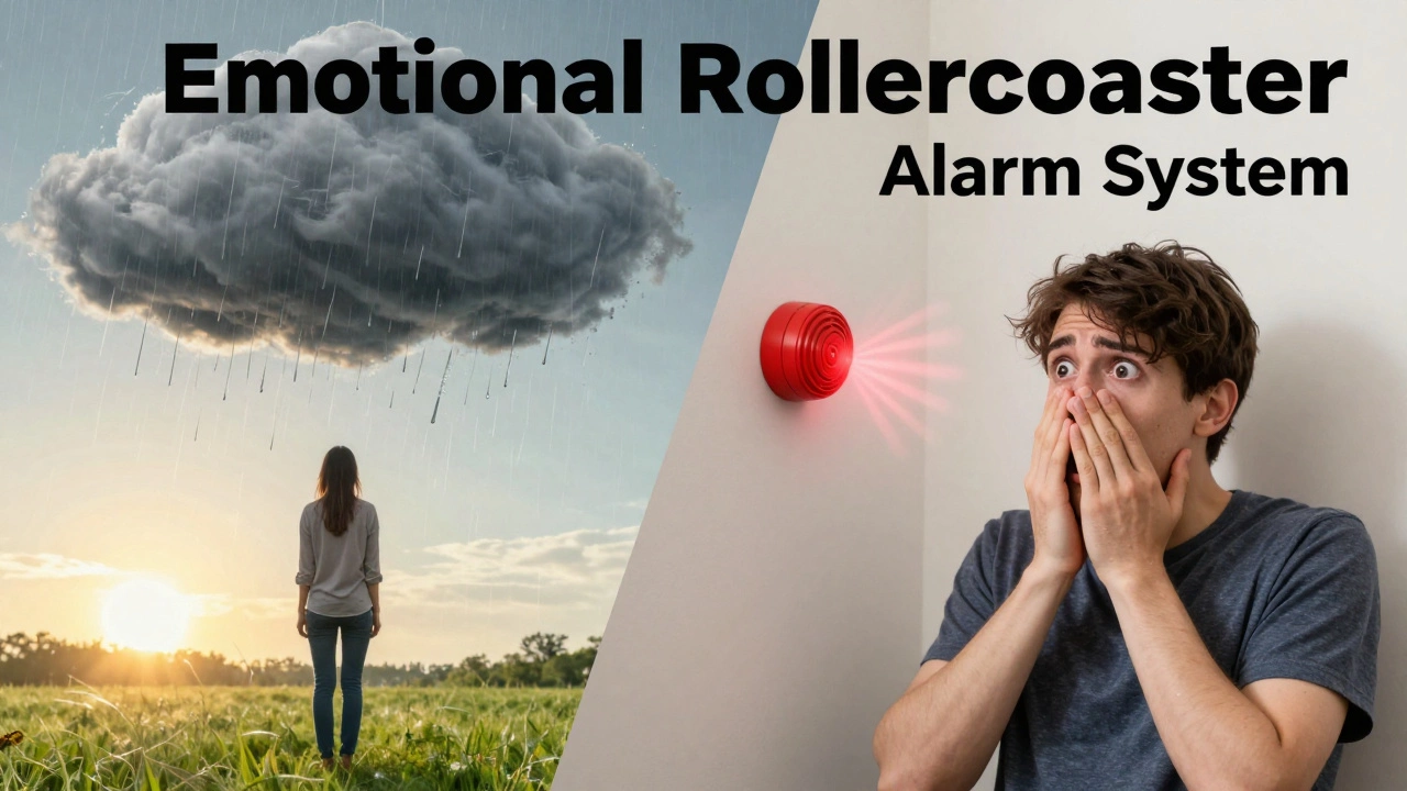 A surreal image showing a person under a rain cloud and another reacting to a sensitive smoke detector.