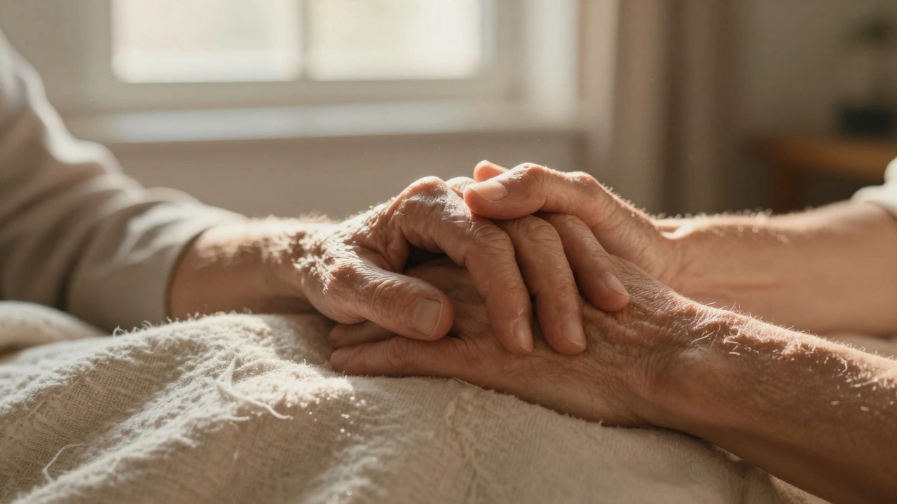 Close-up of two hands holding each other, symbolizing support and comfort.