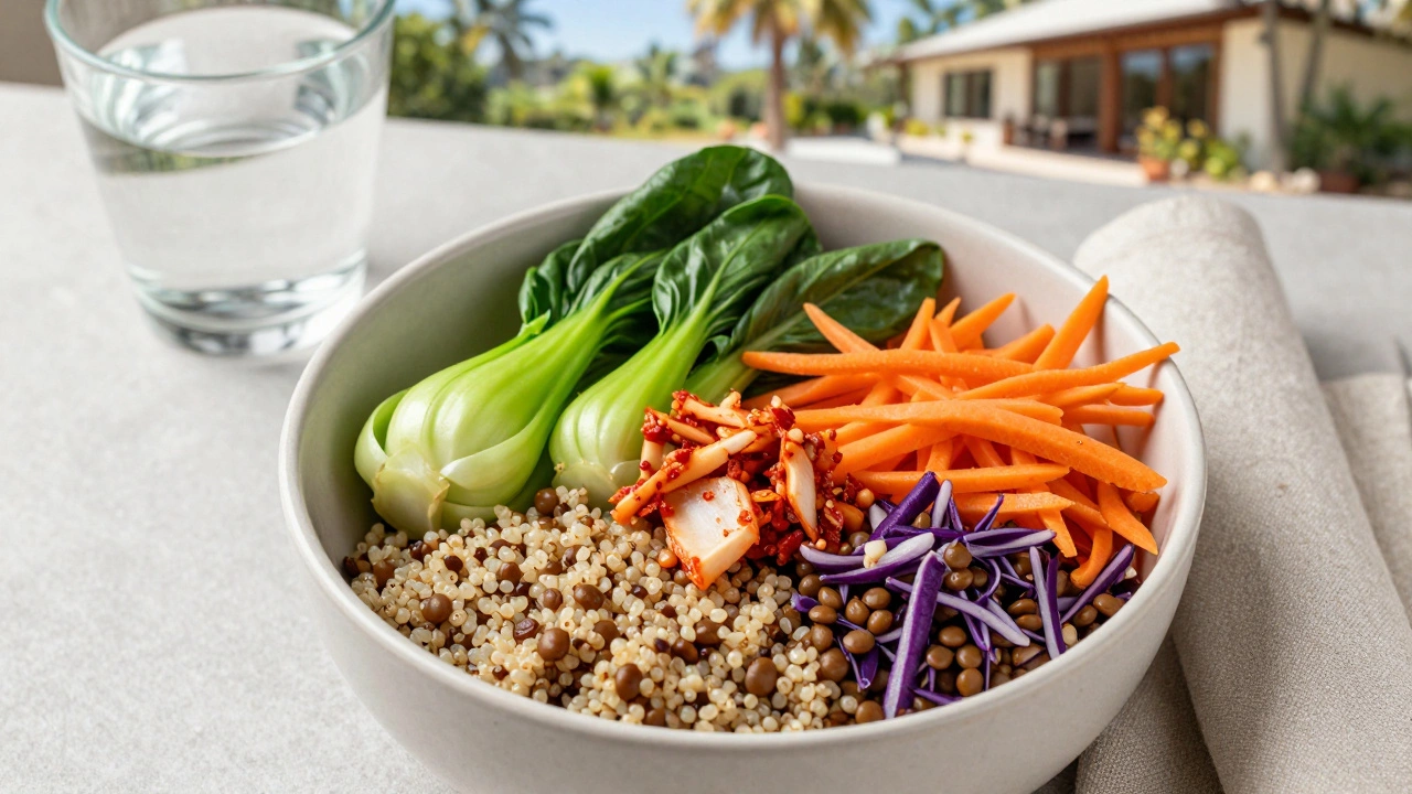 Colorful health bowl with lentils, bok choy, and kimchi in a sunlit wellness setting