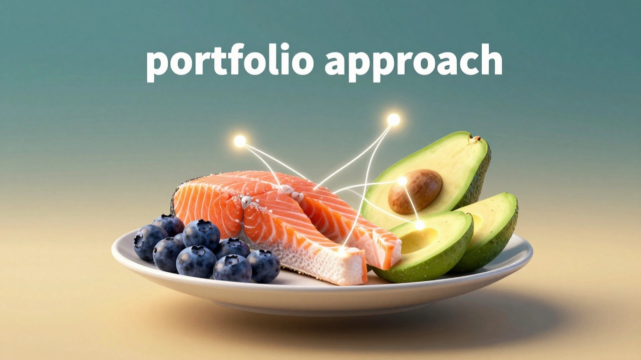 Conceptual 3D render of salmon, blueberries, and avocado connected by glowing light threads