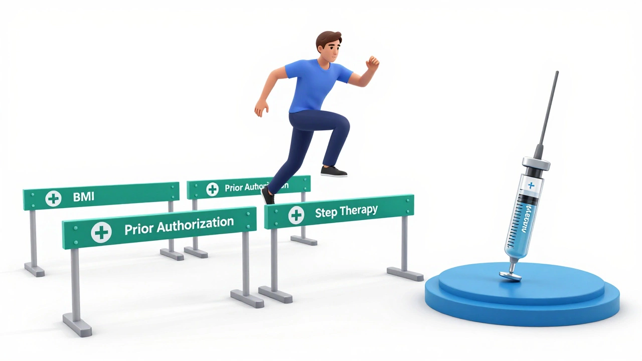 Conceptual illustration of a patient jumping over medical barriers to reach medication