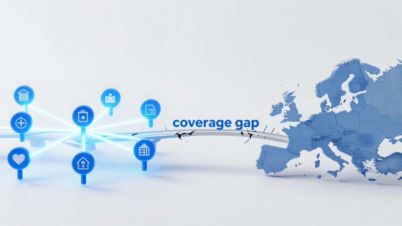 Conceptual image of a broken bridge between US and European healthcare systems.
