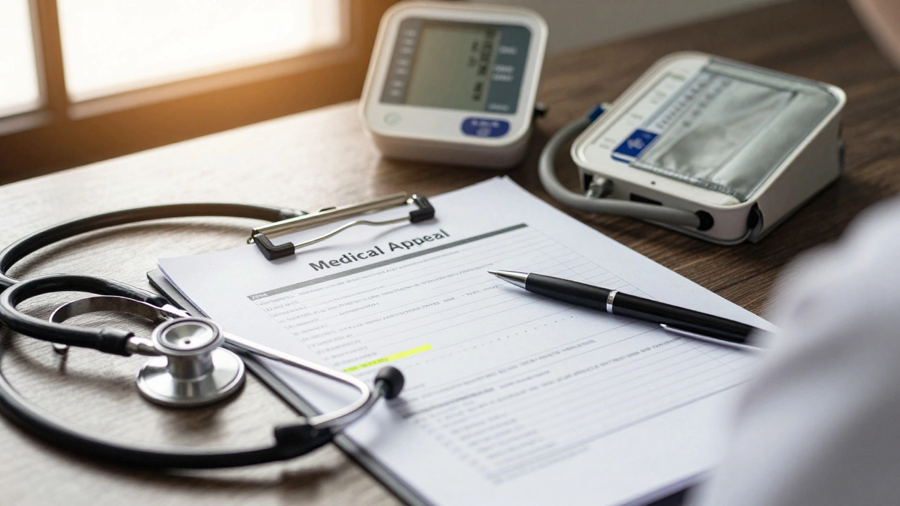 Medical documents and a stethoscope on a doctor's desk for an insurance appeal