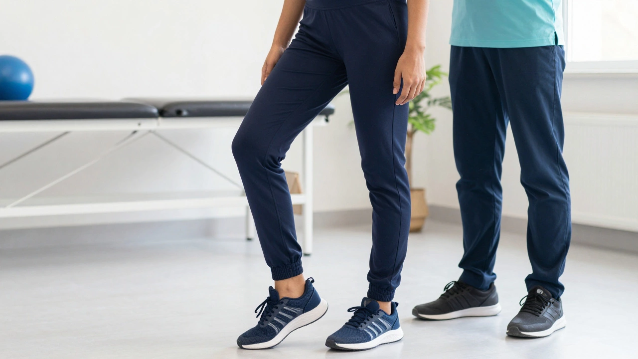 Person wearing relaxed athletic joggers during physical therapy