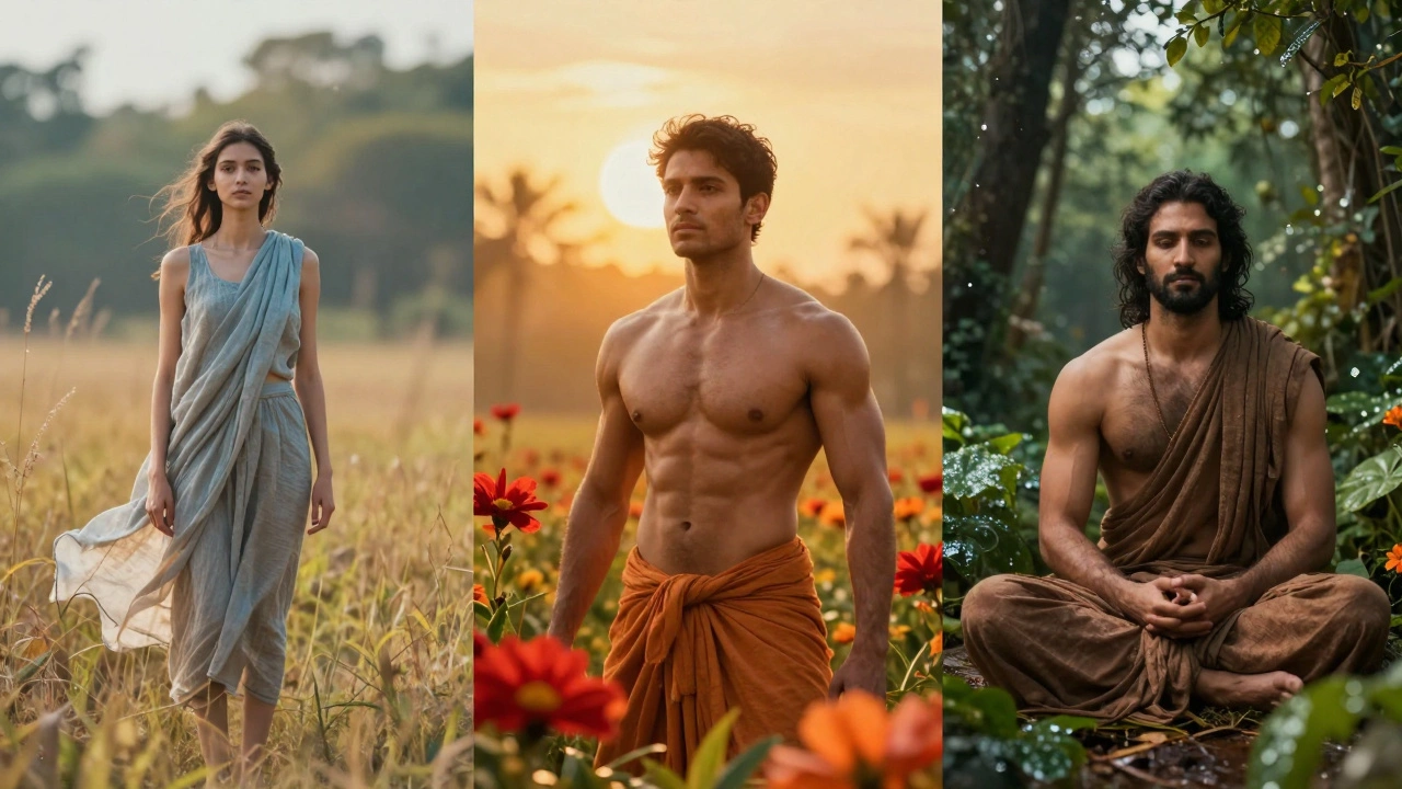 Three panels depicting the Vata, Pitta, and Kapha biological energies.